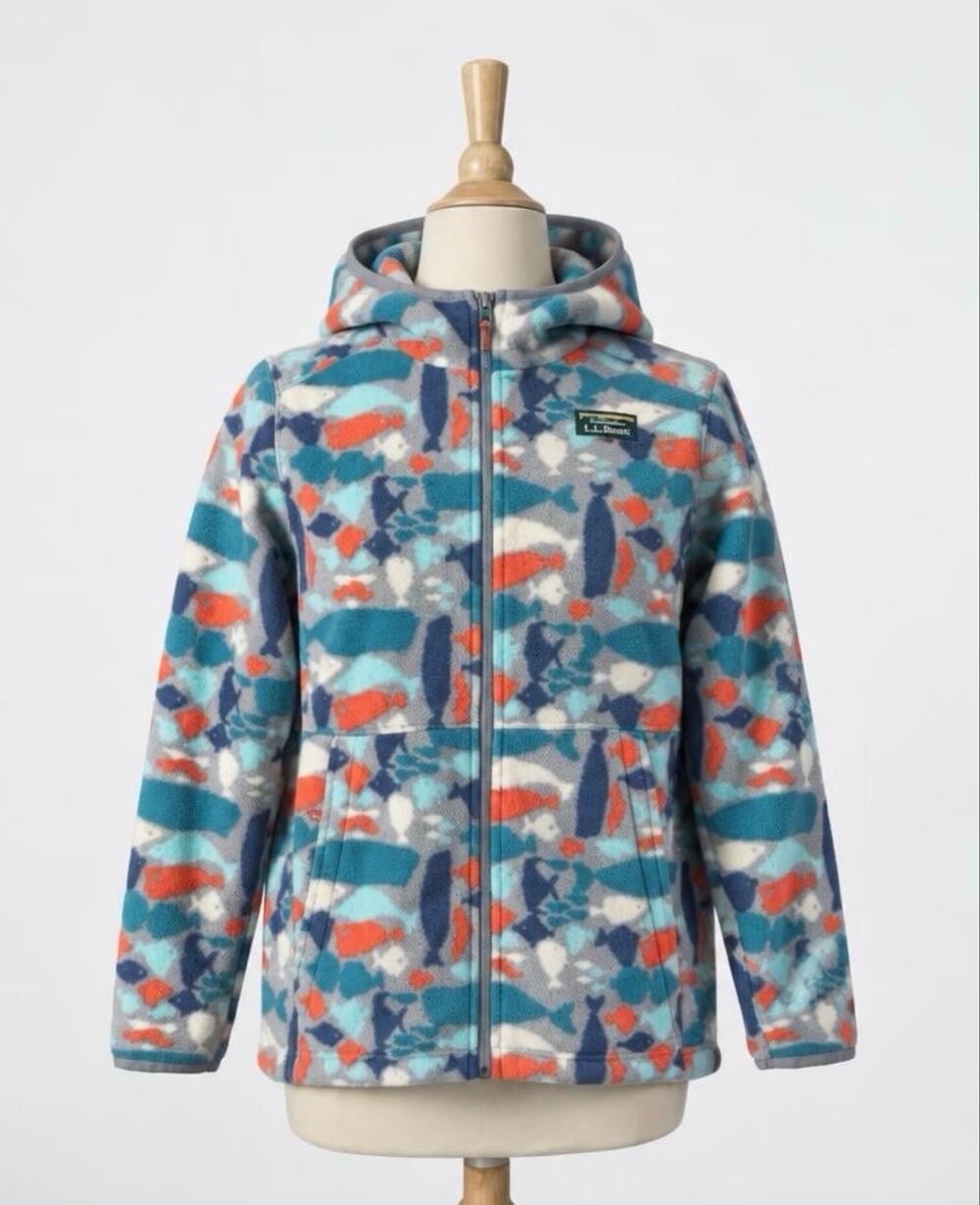 LL Bean Kids Fish Print Fleece Hooded Jacket Full Zip Blue Orange Gray SZ 10/12
